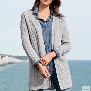 Garnet Hill 100% Cashmere Cable Knit Long Cardigan Open Front Soft Blue SIZE XS
